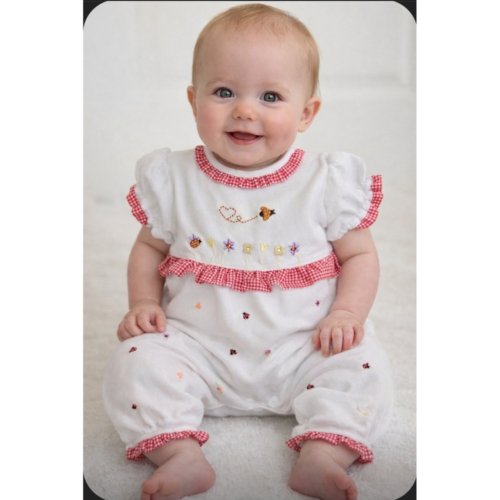 Nursery Rhyme Baby‎ Girl Romper 3-6M White Gingham Floral Embroidered Cotton Bee